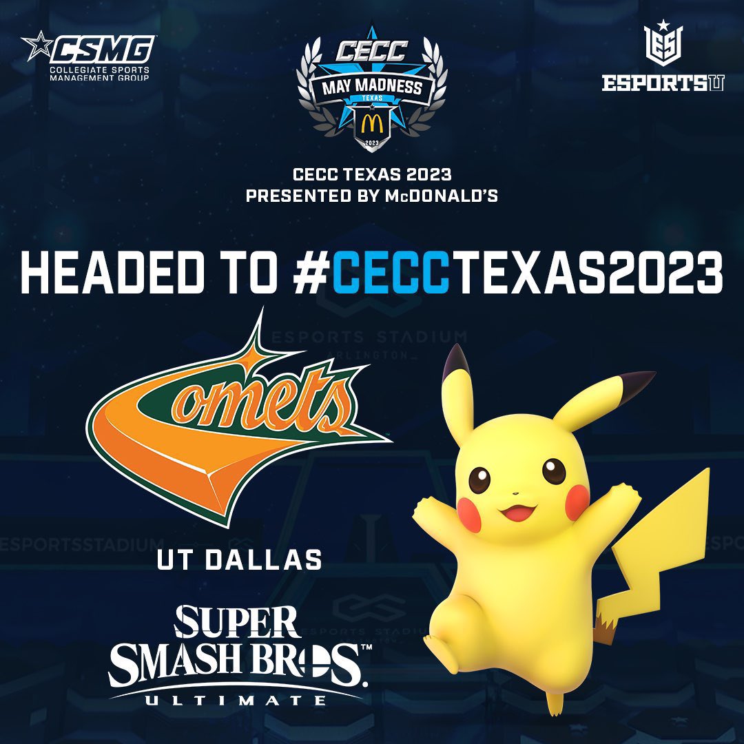 Collegiate Sports Management Group Logo, CECC May Madness Texas 2023 Logo, and EsportsU logos at the top. CECC Texas 2023 Presented by McDonald's Headed to Hashtag CECC TEXAS 2023.